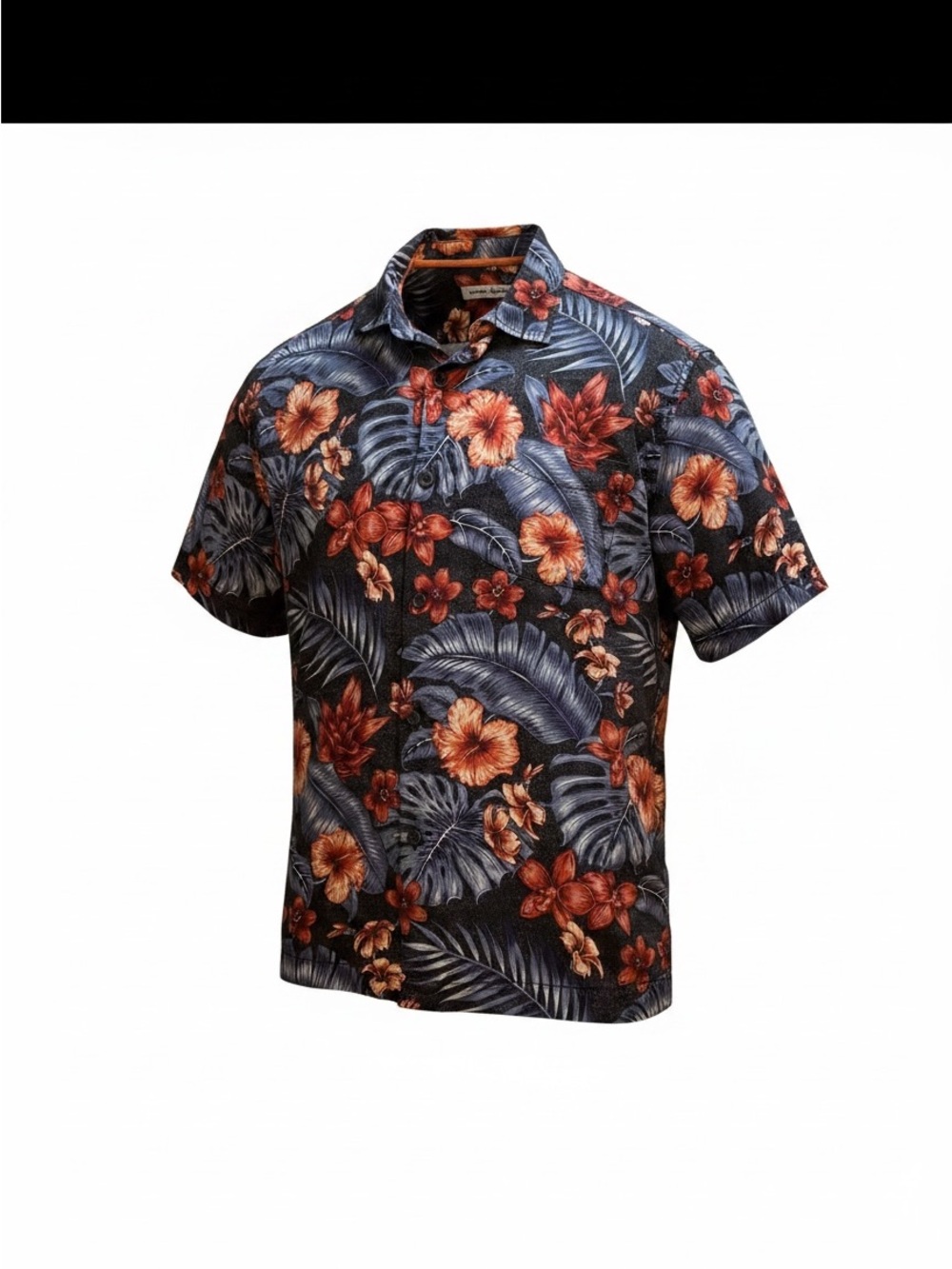 VTG Tommy Bahama Denim Blue Short-Sleeve Button-Down with Orange Floral Print